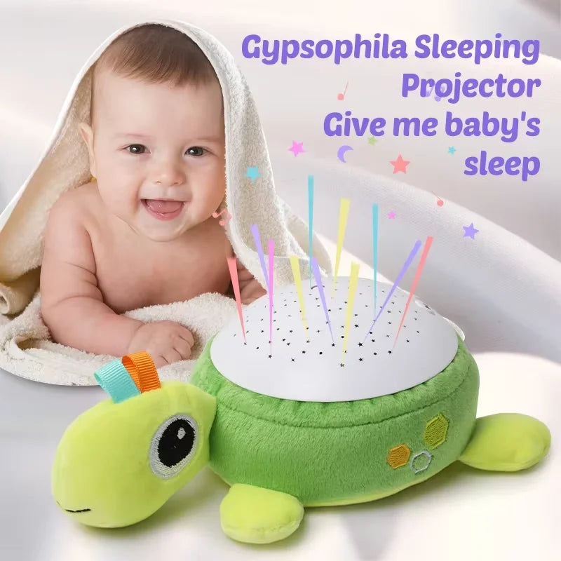 Green turtle plush projector shown with a baby and an illustrated colorful light display