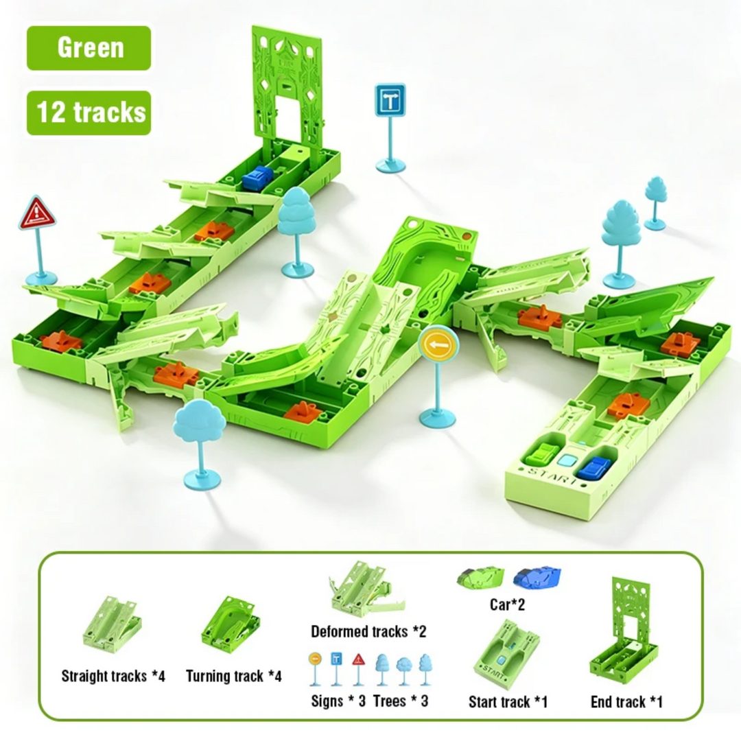 Green 12-track race set with cars, signs, trees, and a parts diagram