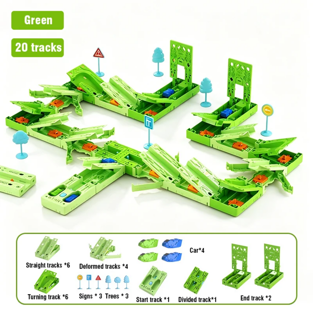Green 20-track race set with cars, signs, trees, and a parts diagram