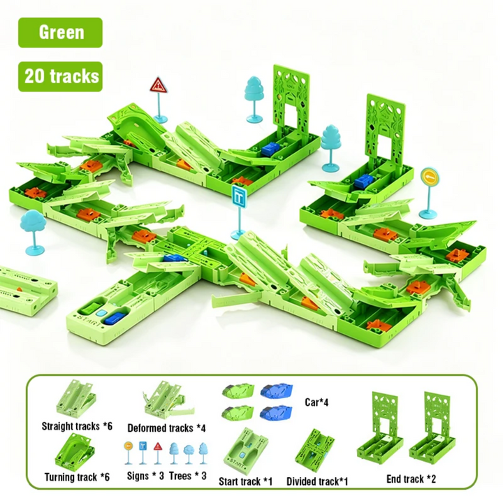 Green 20-track race set with cars, signs, trees, and a parts diagram