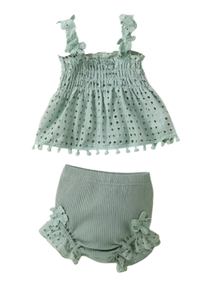 Green baby top and shorts set with floral straps and ruffled leg openings