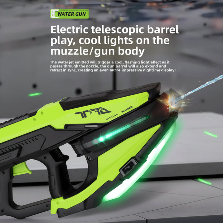 Green automatic water blaster with glowing body panels and a spraying nozzle