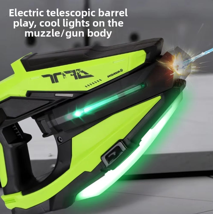 Close-up of green water blaster body lights and the spraying nozzle