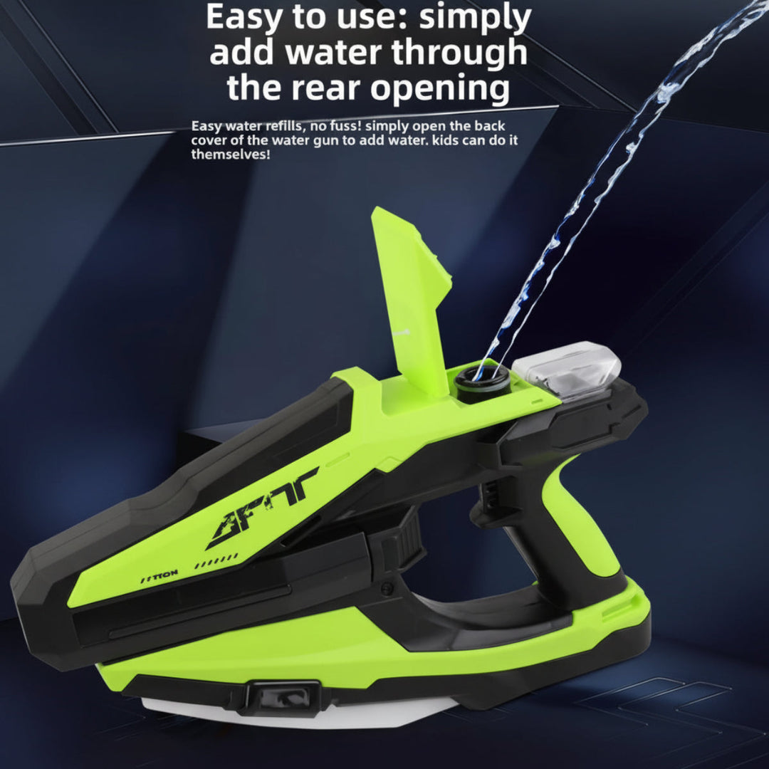 Green water blaster with the rear fill cover open and water pouring into the tank