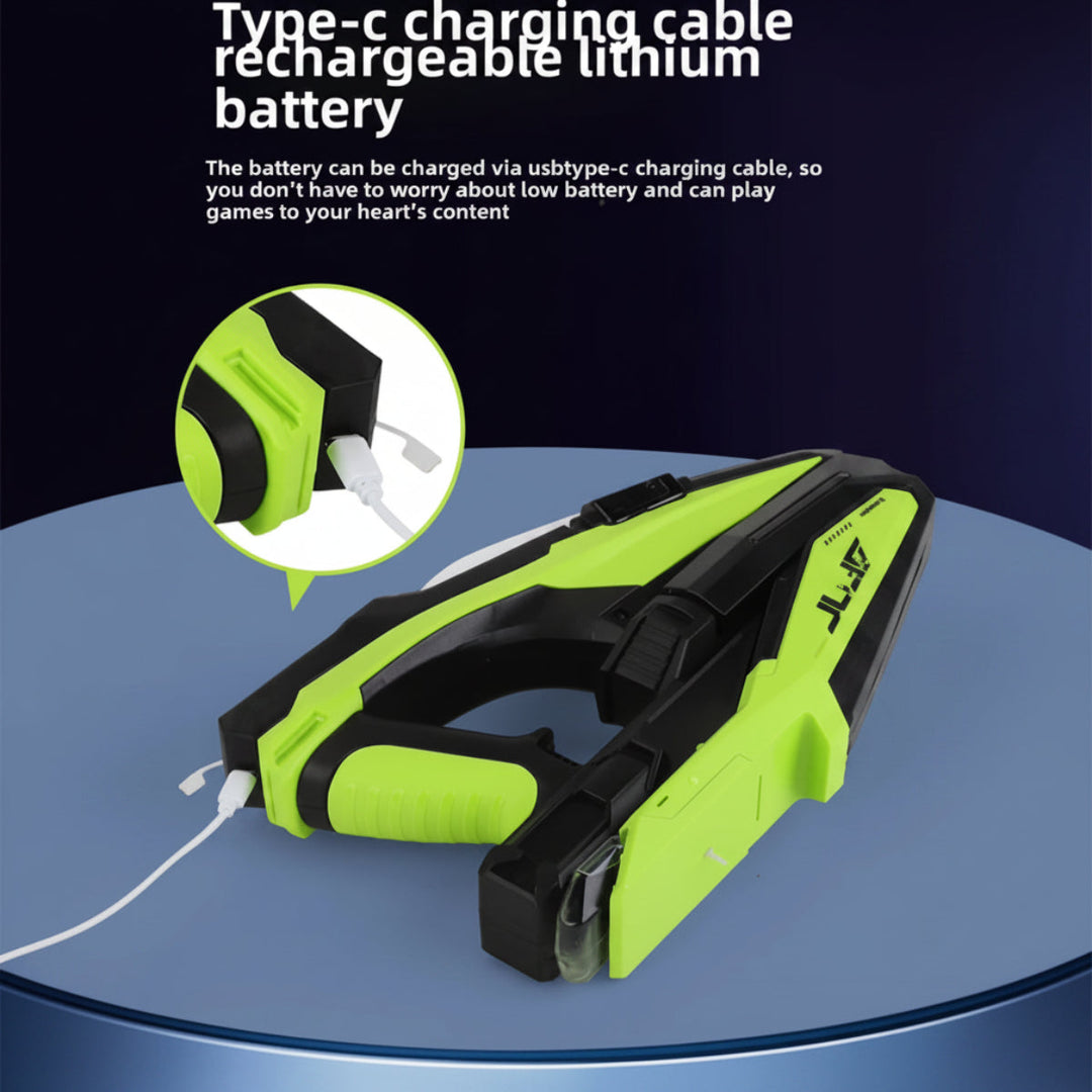 Green water blaster connected to a USB-C charging cable, with a close-up of the charging port