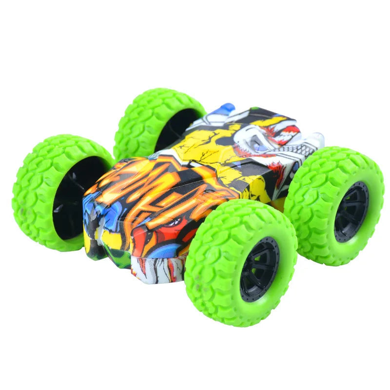 Double-sided toy car with bright green textured wheels and a multicolor graphic body.