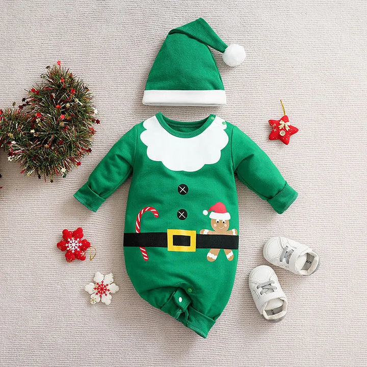 Green baby Christmas romper with a white beard and belt design, shown beside a matching hat