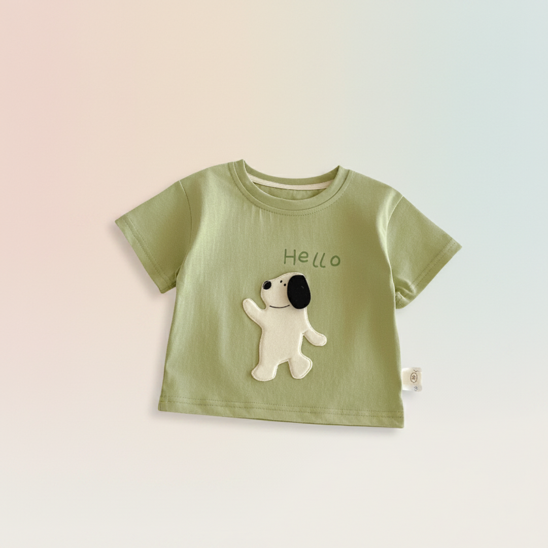 Green short-sleeve T-shirt with a white dog patch and black nose