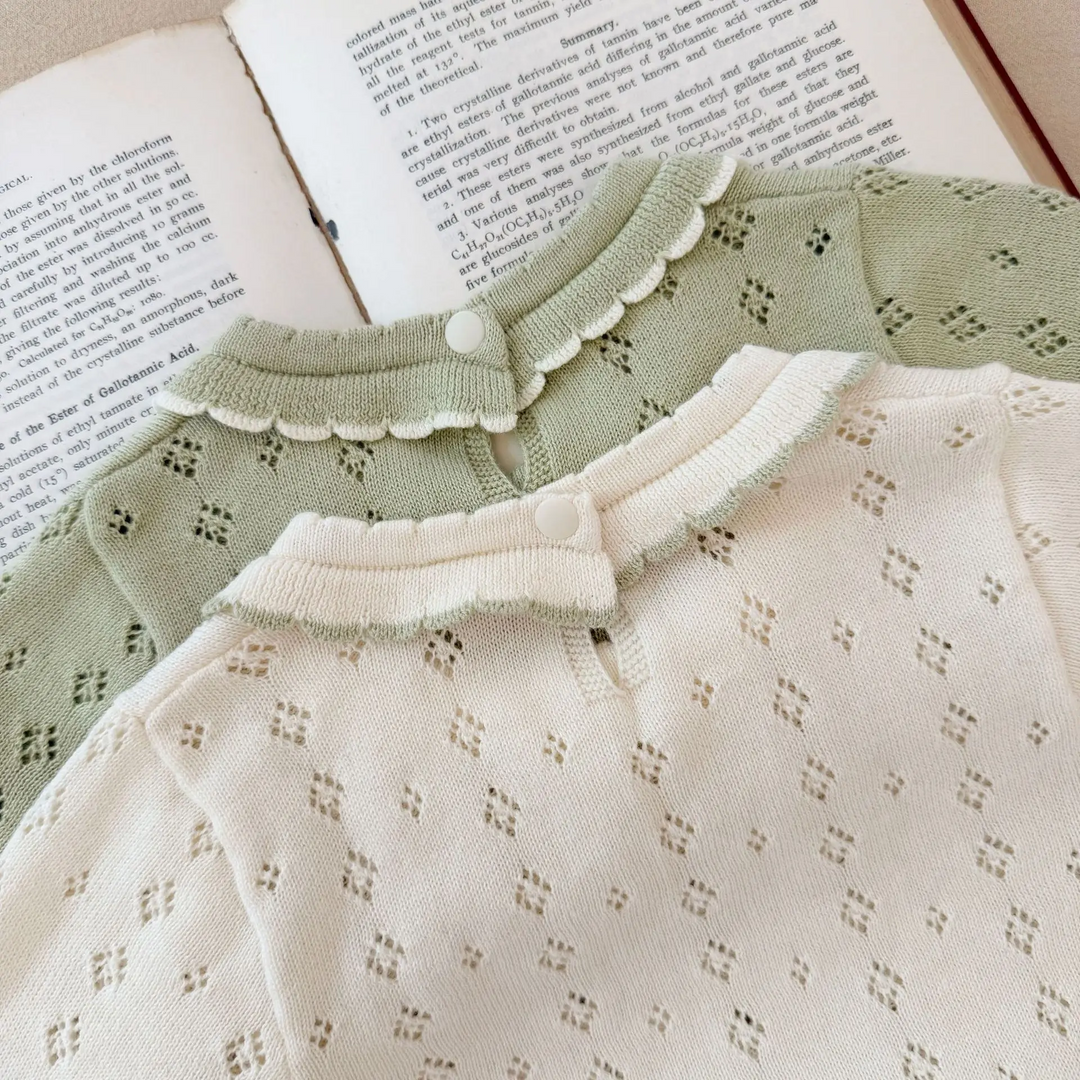 Back necklines of green and white knit dresses showing ruffle trim and button closures