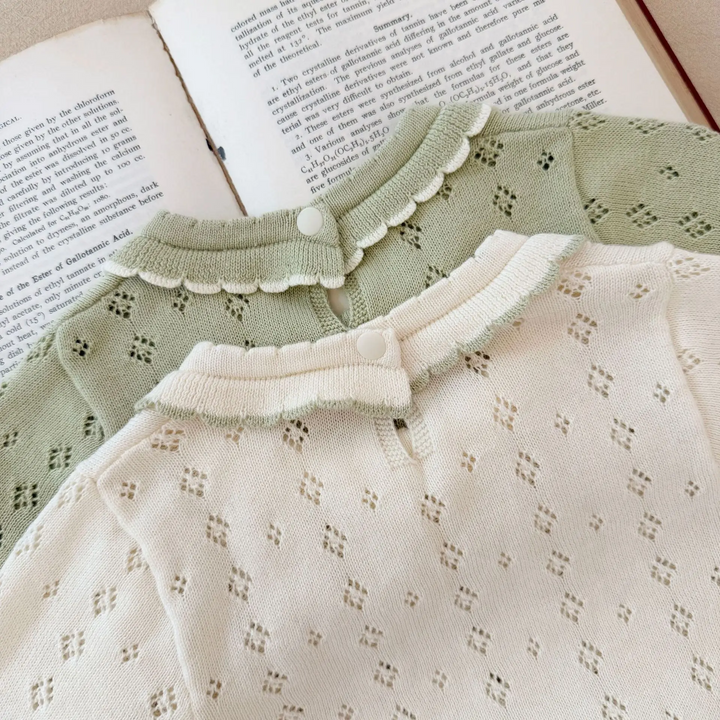 Back necklines of green and white knit dresses showing ruffle trim and button closures