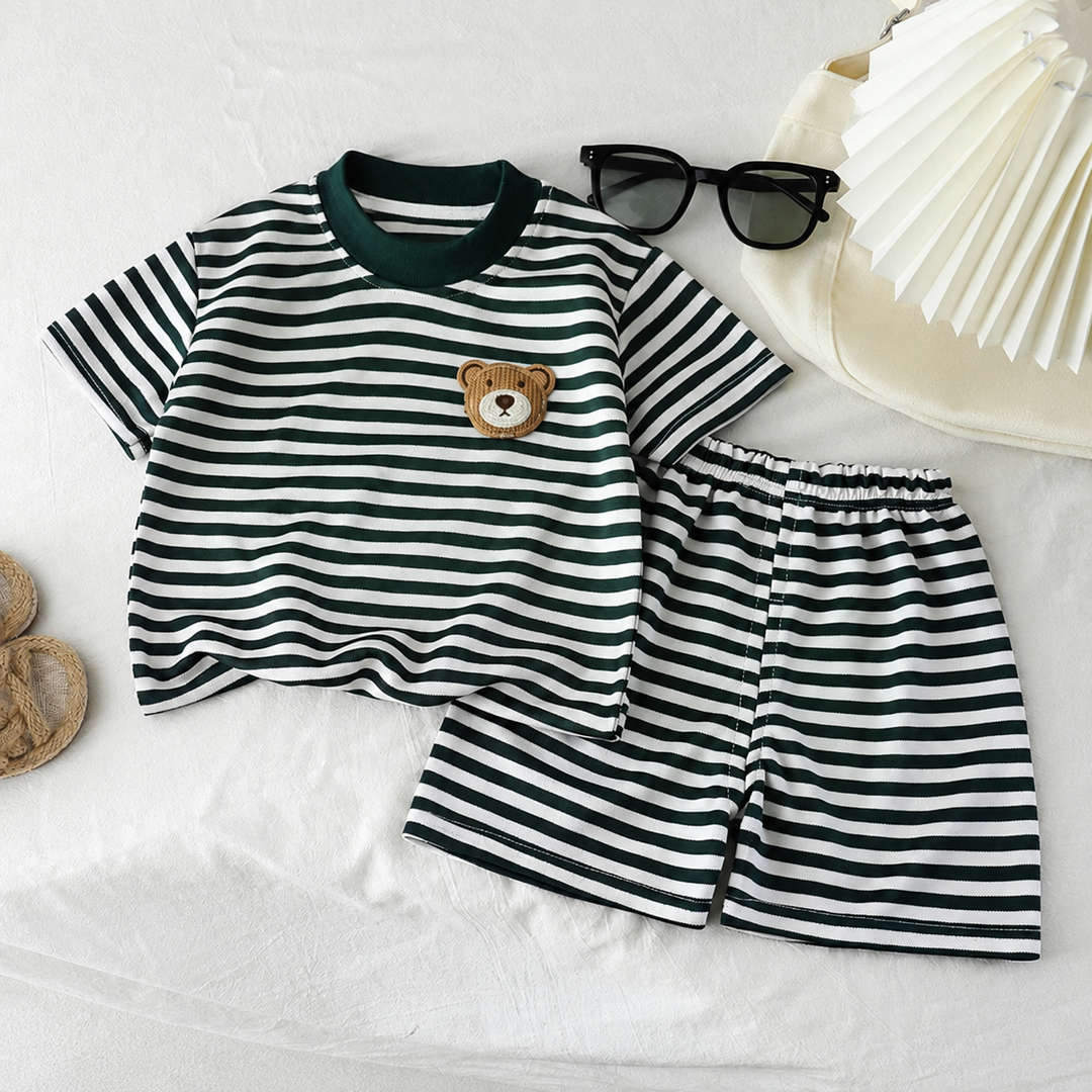 Green-and-white striped T-shirt with a bear chest patch and matching shorts.