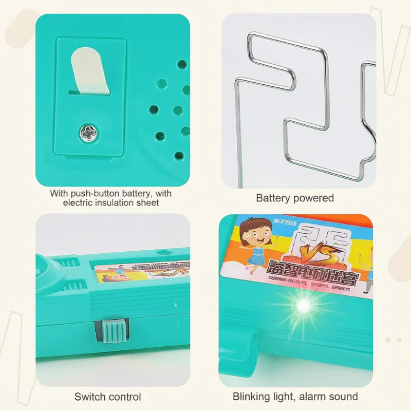 Green wire maze game details showing the battery compartment, metal track, power switch, and light