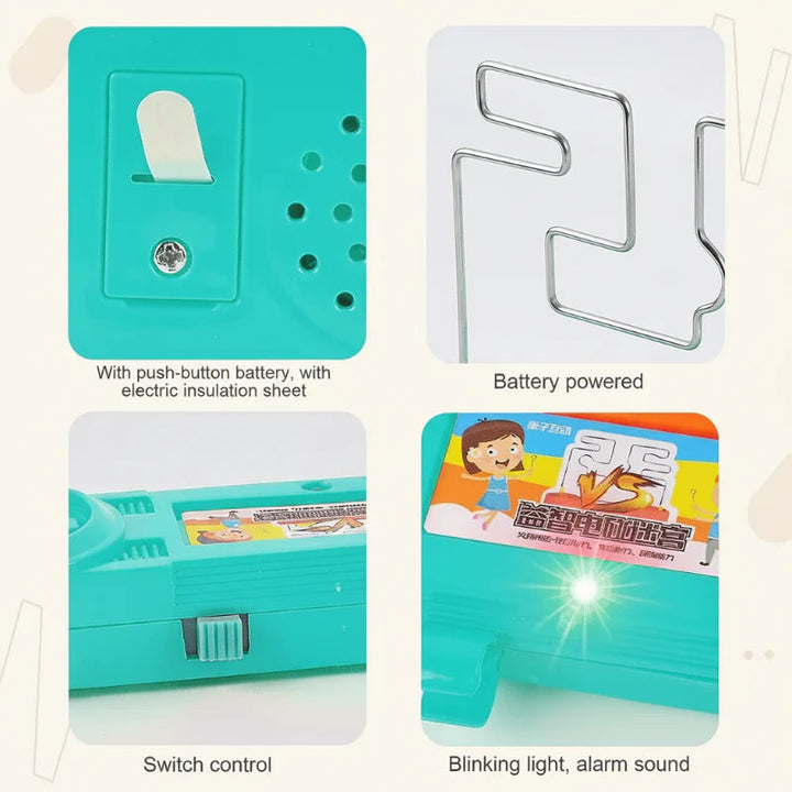 Green wire maze game details showing the battery compartment, metal track, power switch, and light