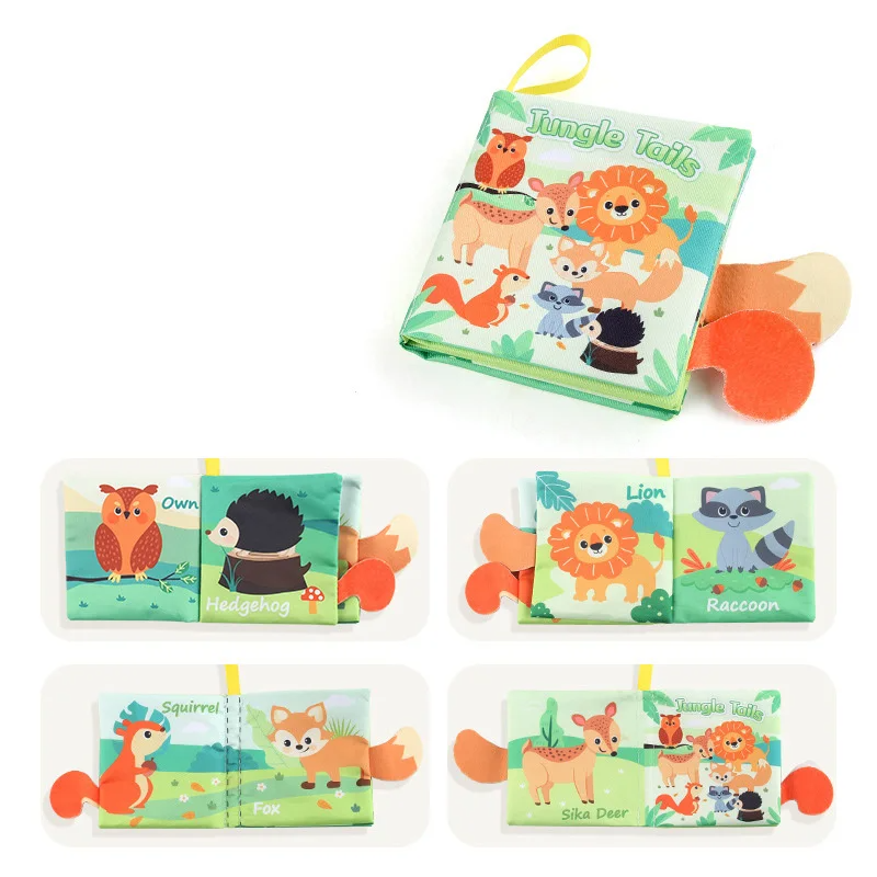 Green animal fabric book with tactile tails and pages featuring an owl, hedgehog, raccoon, and fox.