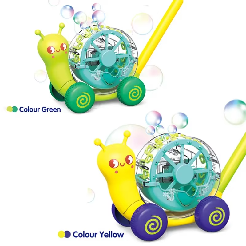 Green and yellow snail bubble blowers with spiral-pattern wheels and long push handles