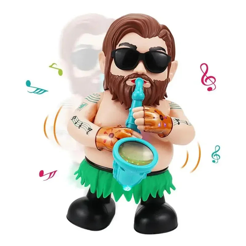 Groove Buddy musical toy with sunglasses, a green skirt and a blue saxophone
