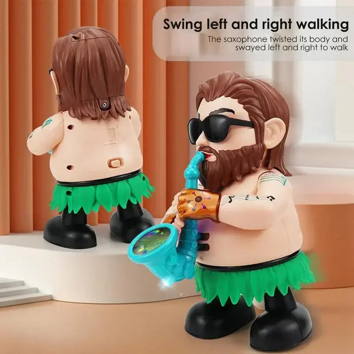 Front and rear views of the musical saxophonist toy with a green skirt and black boots