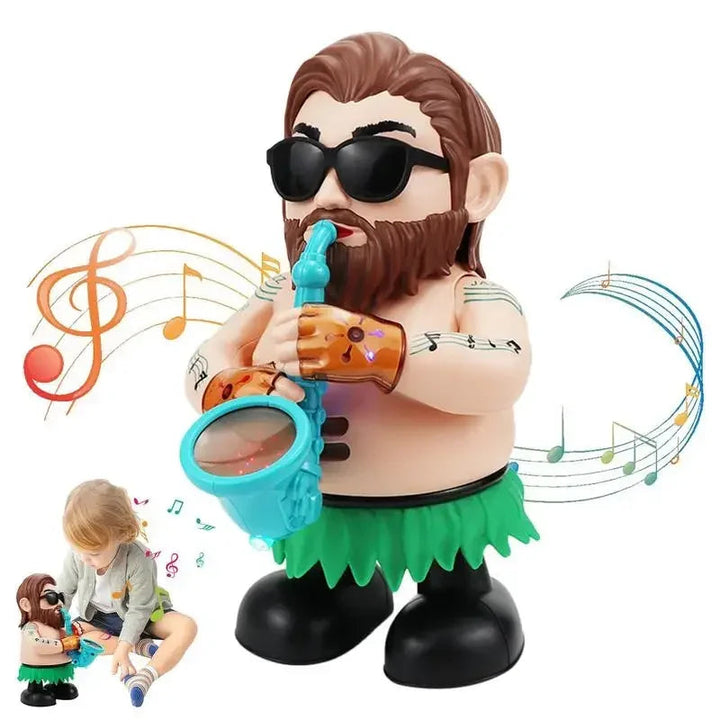 Musical saxophonist toy surrounded by illustrated music notes, with a child shown beside it