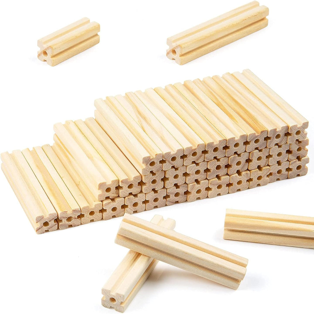 Short and long wooden building pieces with grooves and connector holes
