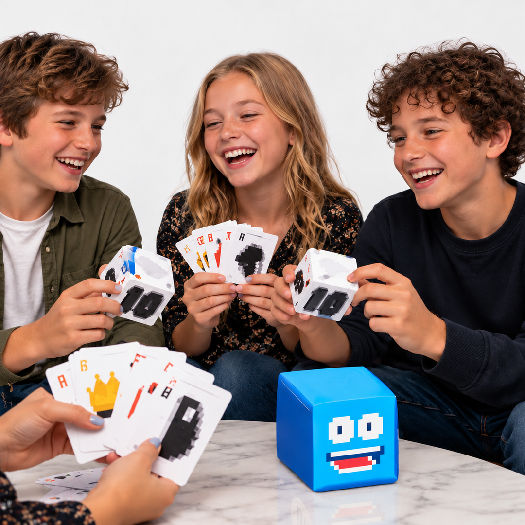 Group of players holding illustrated cards around a table with a blue game box