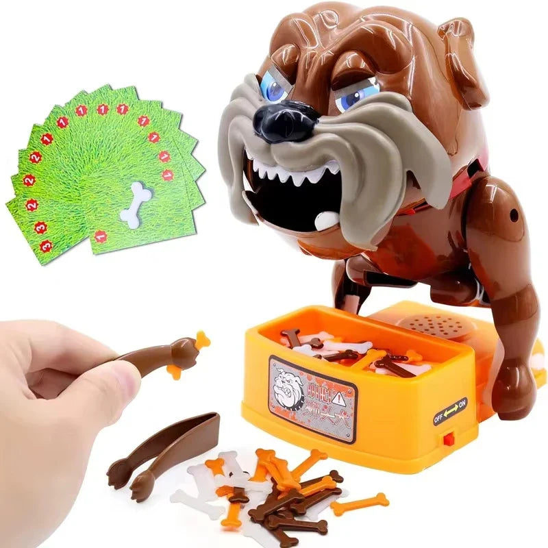 Bulldog board game with green cards, colored bones, and a hand holding the bone-grabbing tool