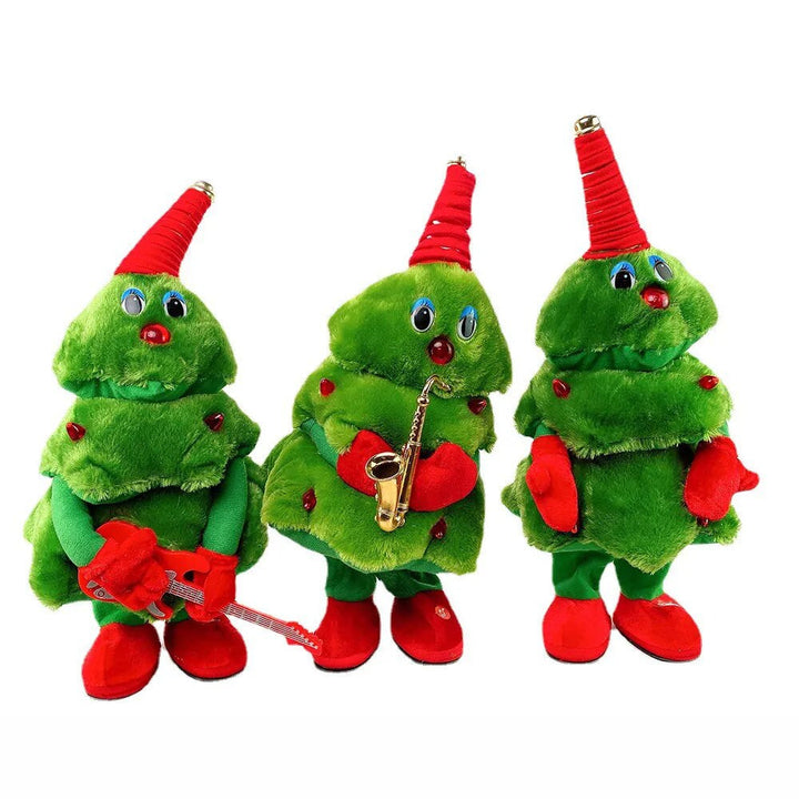 Guitar, saxophone, and classic versions of the green plush Christmas tree toy.