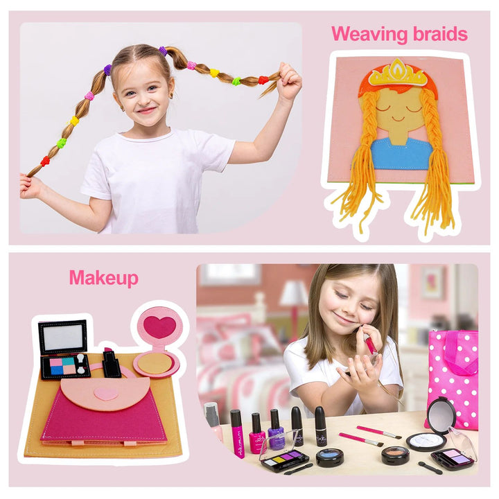 Hair-braiding and pretend makeup activity pages with examples of braids and makeup play
