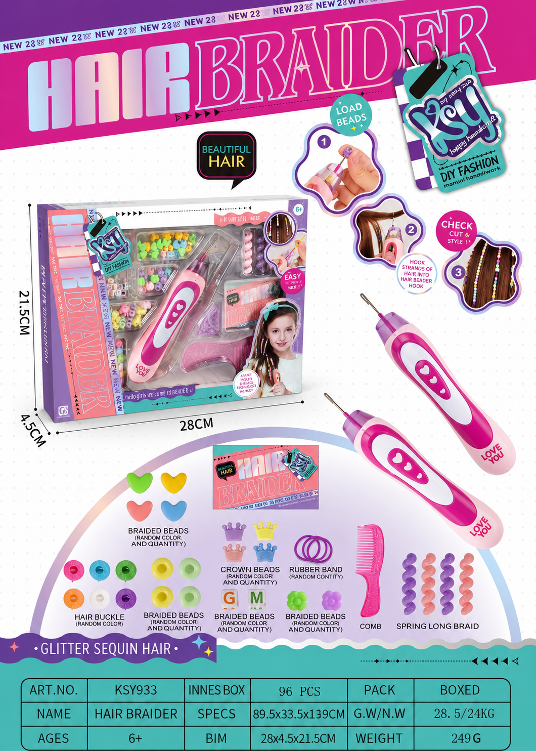 Hair braiding kit packaging with tool illustrations, accessory details, and measurements