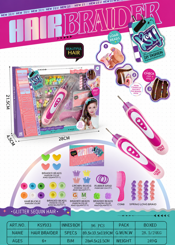 Hair braiding kit packaging with tool illustrations, accessory details, and measurements