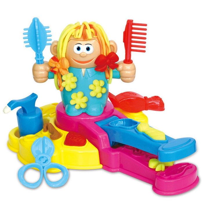Colorful hair styling playset with yellow clay hair, a comb, brush, and blue scissors