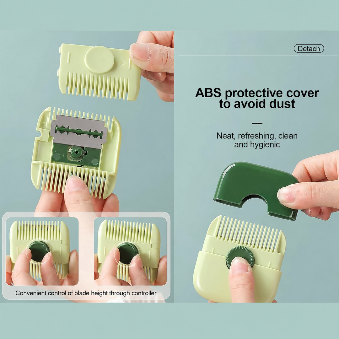 Hair trimmer with the comb housing detached to expose the blade and a removable cover