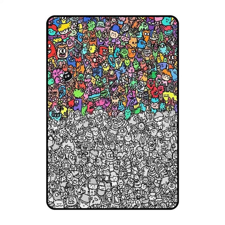 Character coloring mat with a colorful upper half and uncolored outlines below