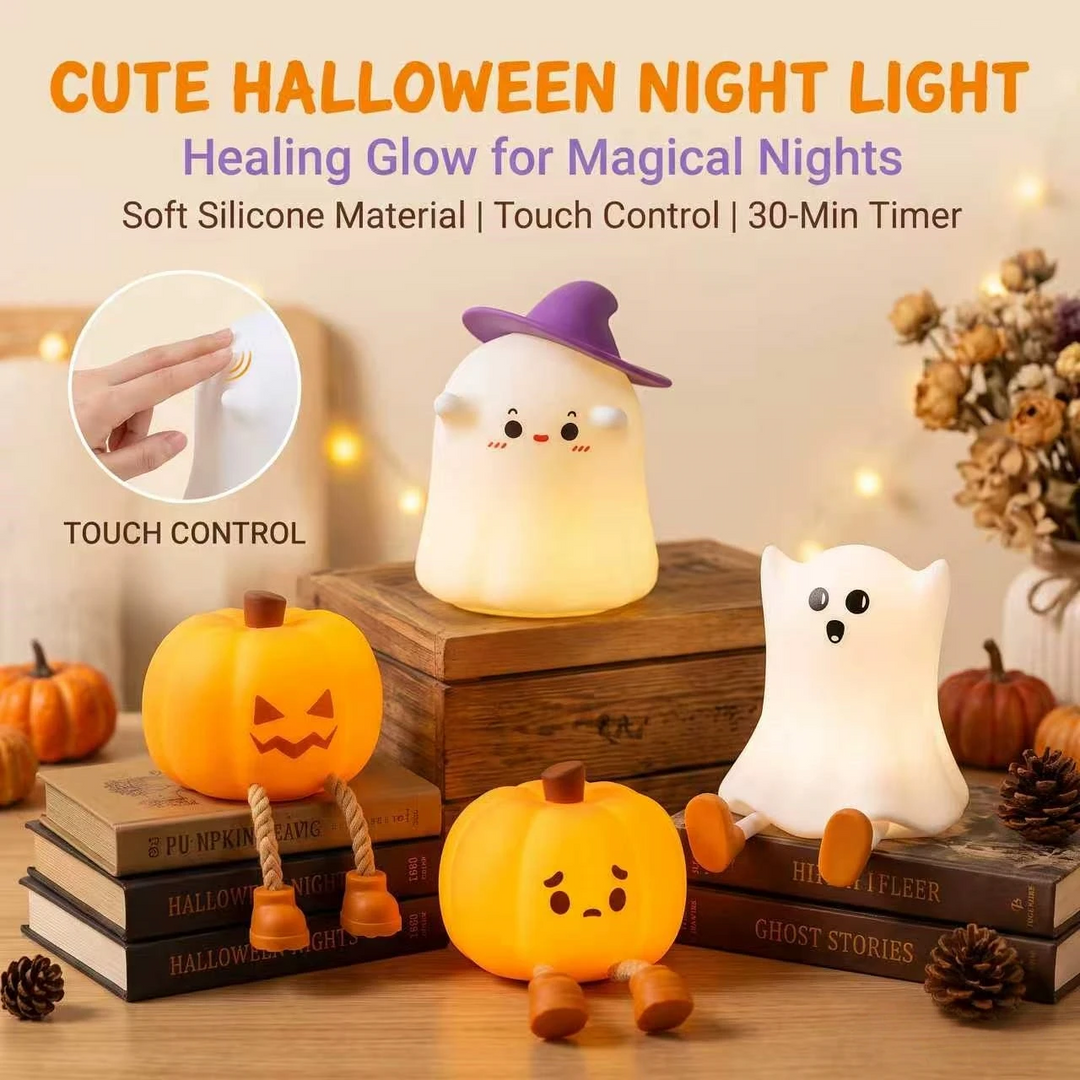 Pumpkin, ghost, and wizard night lights with touch-control and timer details