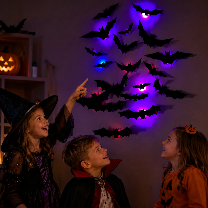 Children in Halloween costumes looking up at a wall of glowing black bats