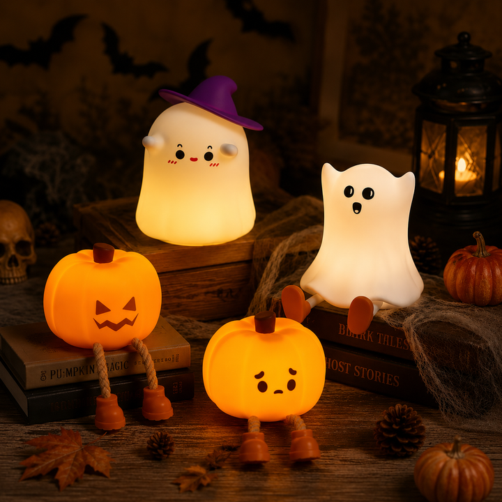 Four glowing Halloween night light designs: two pumpkins, a ghost, and a purple-hat wizard