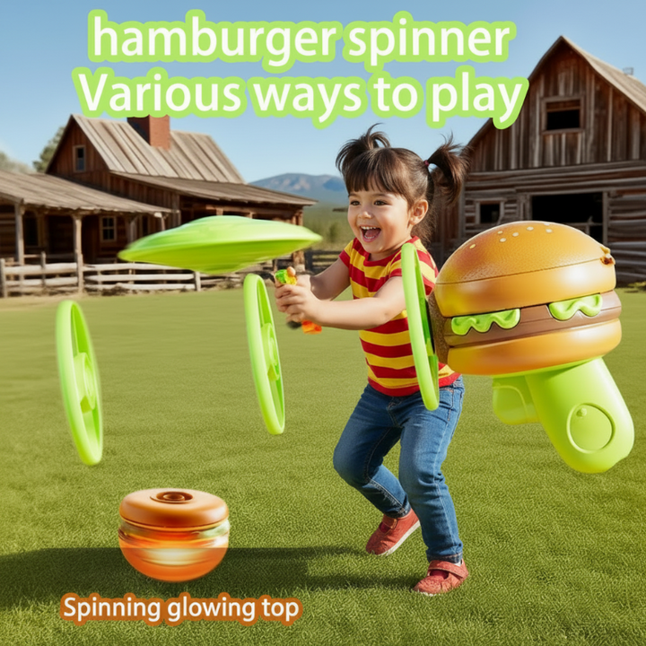 Child playing outdoors with a hamburger launcher and green flying disks