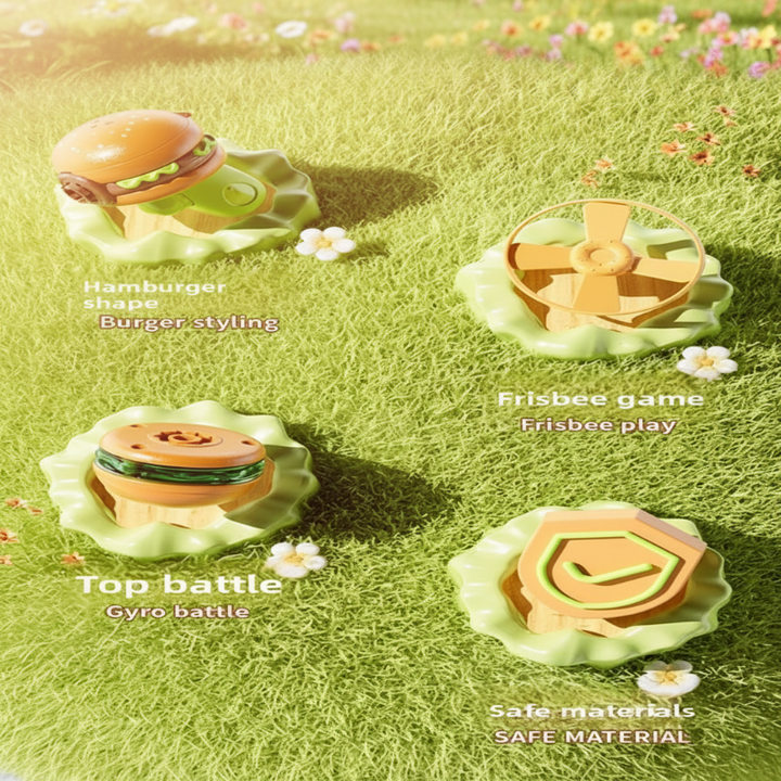 Hamburger launcher, flying disk, and spinning gyro arranged on grass