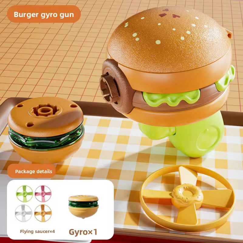 Hamburger launcher with a spinning gyro and package details showing four flying disks