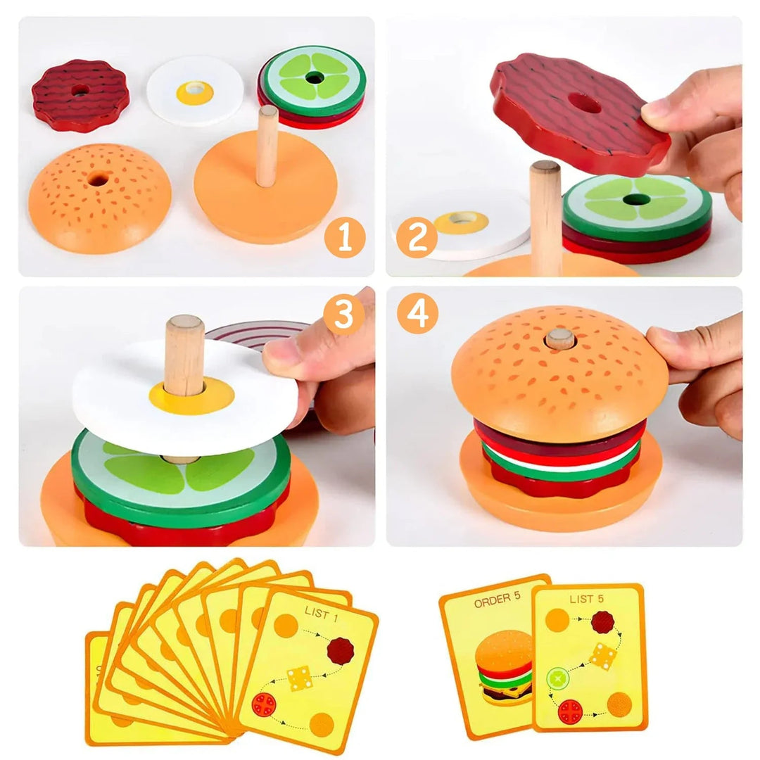 Four-step hamburger stacking demonstration with illustrated order cards