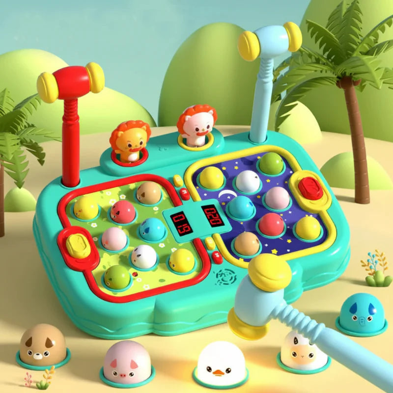 Two-player hammer game with colorful targets, dual score displays and red and blue hammers