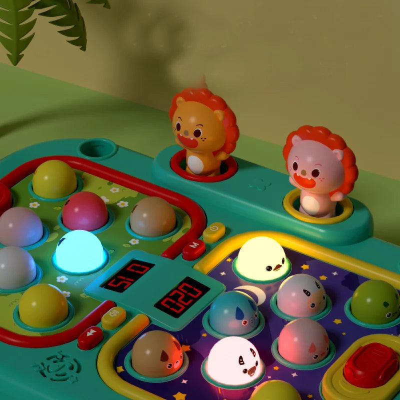 Close-up of glowing character targets and two digital score displays on the hammer game
