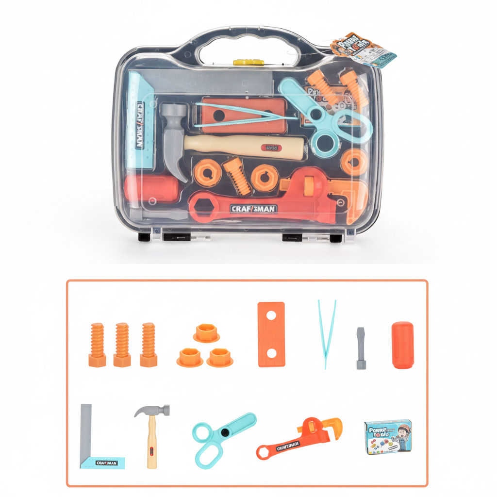Hammer Tool Set with carrying case and a layout of the included toy tools and hardware