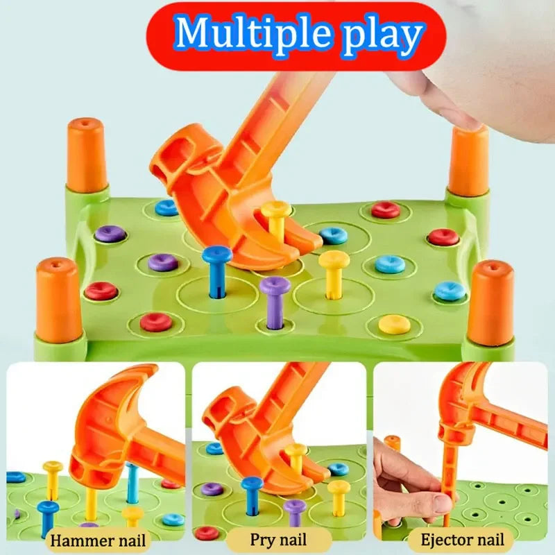 Green peg board showing pegs being tapped, lifted, and pushed through the holes
