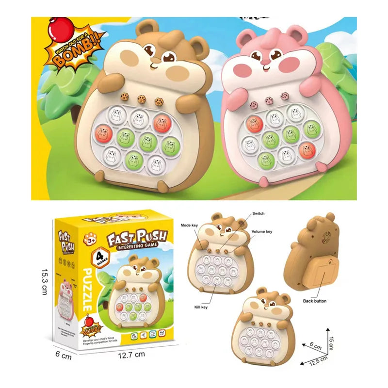 Pink and brown hamster speed games with packaging, control diagrams and measurements