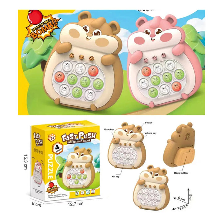 Pink and brown hamster speed games with packaging, control diagrams and measurements