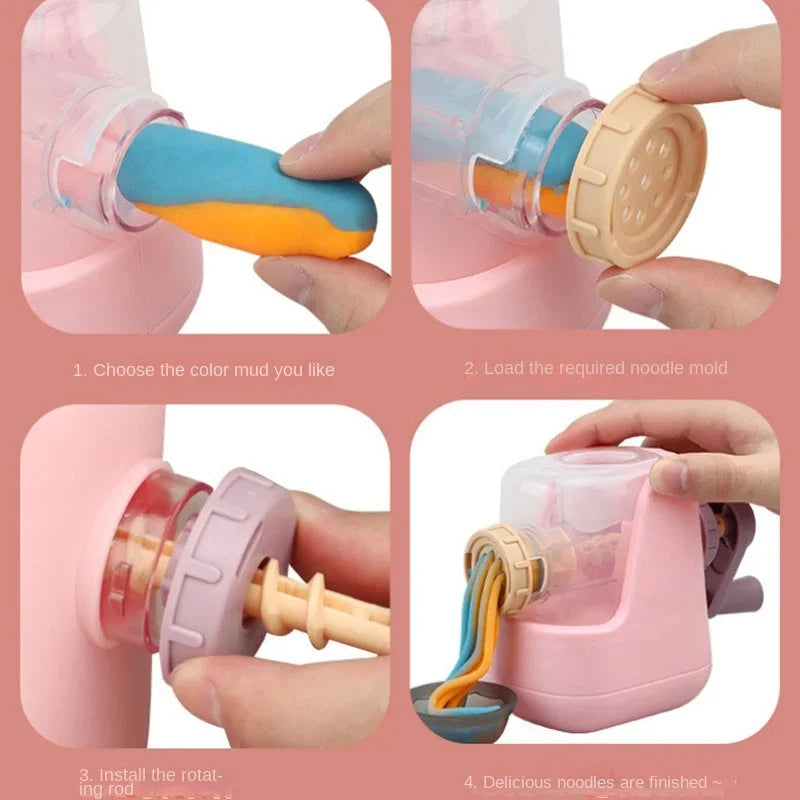 Steps showing colored clay loaded into a pink machine, a mold attached, and clay noodles cranked out.