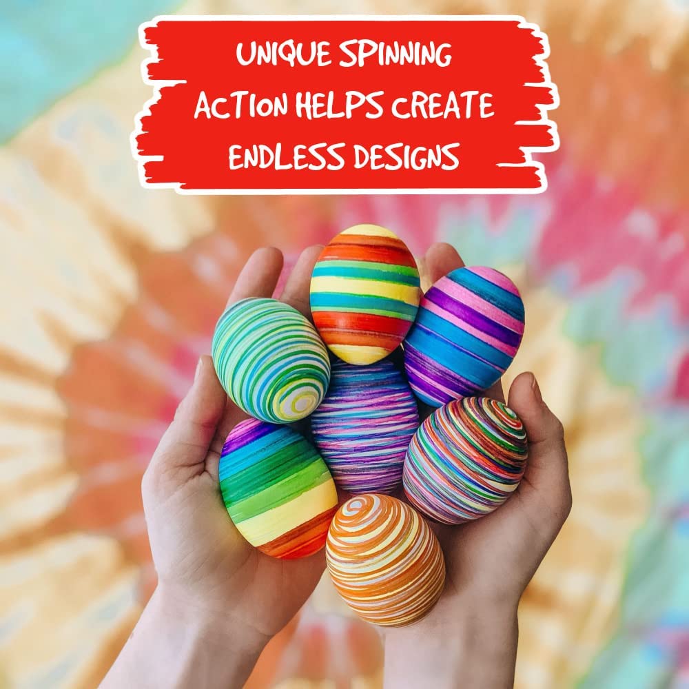 Hands hold Easter eggs decorated with colorful stripes in different widths
