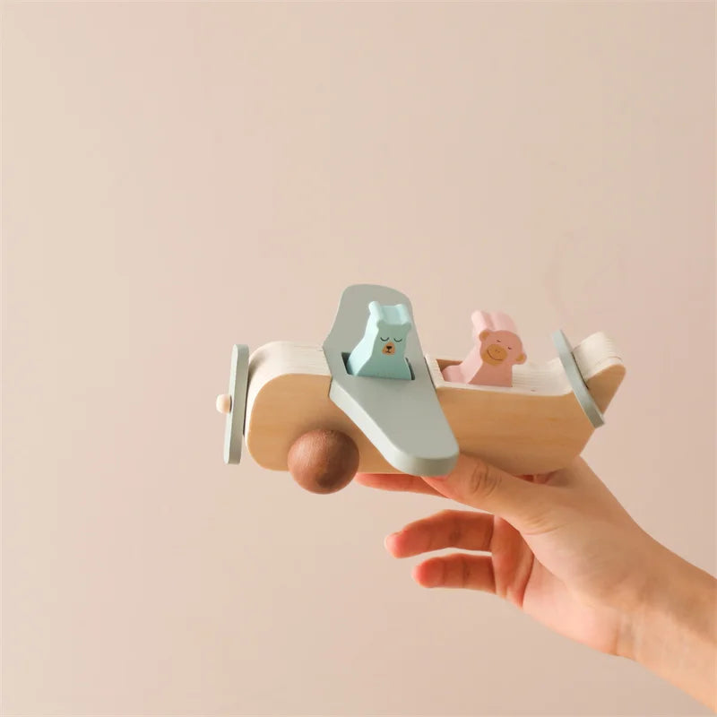 Hand holding the wooden airplane with pastel green wings and two animal figures