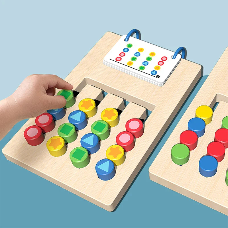 Hand sliding a green shape piece along the wooden sorting board&