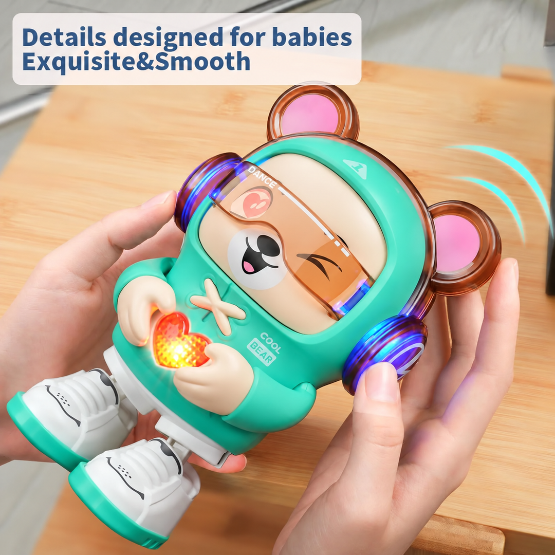 Hands holding the green bear robot, showing its headphones, visor, and glowing heart